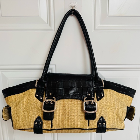 Cole Haan “Amanda Straw” Baguette Style Women's Handbag with Black Leather Trim - Picture 1 of 10